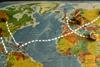 Coins with white lines leading to famous offshore zones on world map